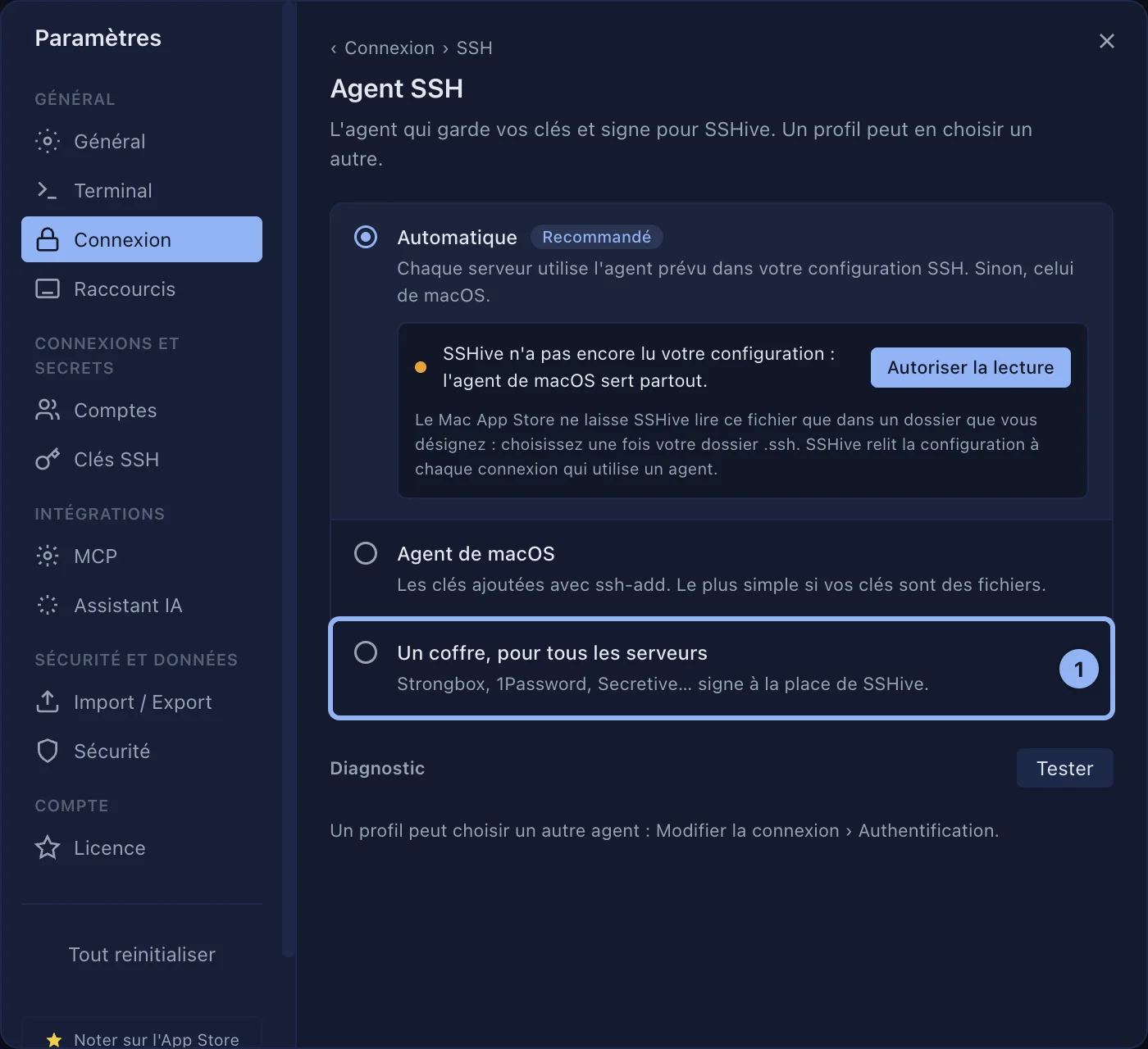 Le choix de l'agent SSH : automatique, agent de macOS ou un coffre