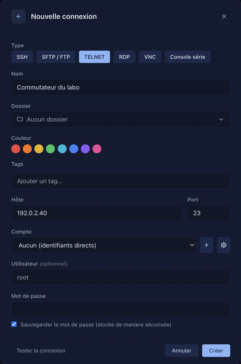 La création d'une connexion Telnet