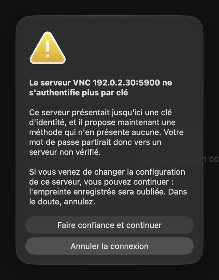 L'avertissement quand l'identité d'un serveur VNC change