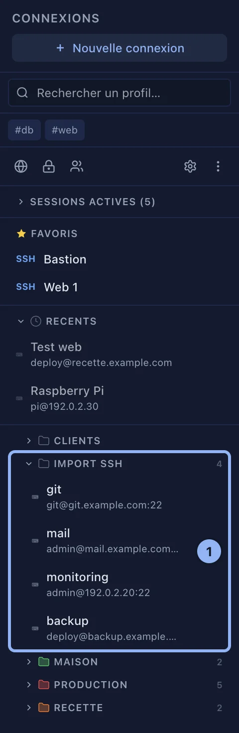 Les serveurs importés dans le dossier Import SSH