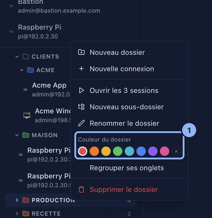 Le menu d'un dossier avec le choix de sa couleur