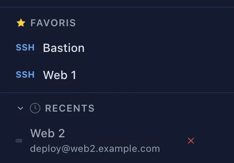 Les sections Favoris et Récents
