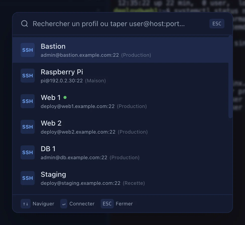 La palette de connexion rapide