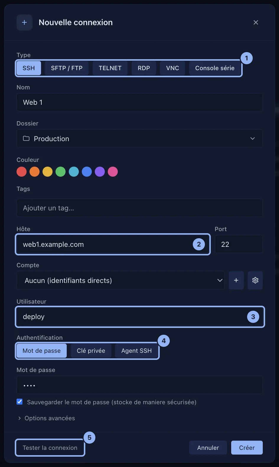 Le formulaire de nouvelle connexion SSH rempli