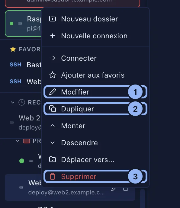 Le menu d'un serveur dans la barre latérale