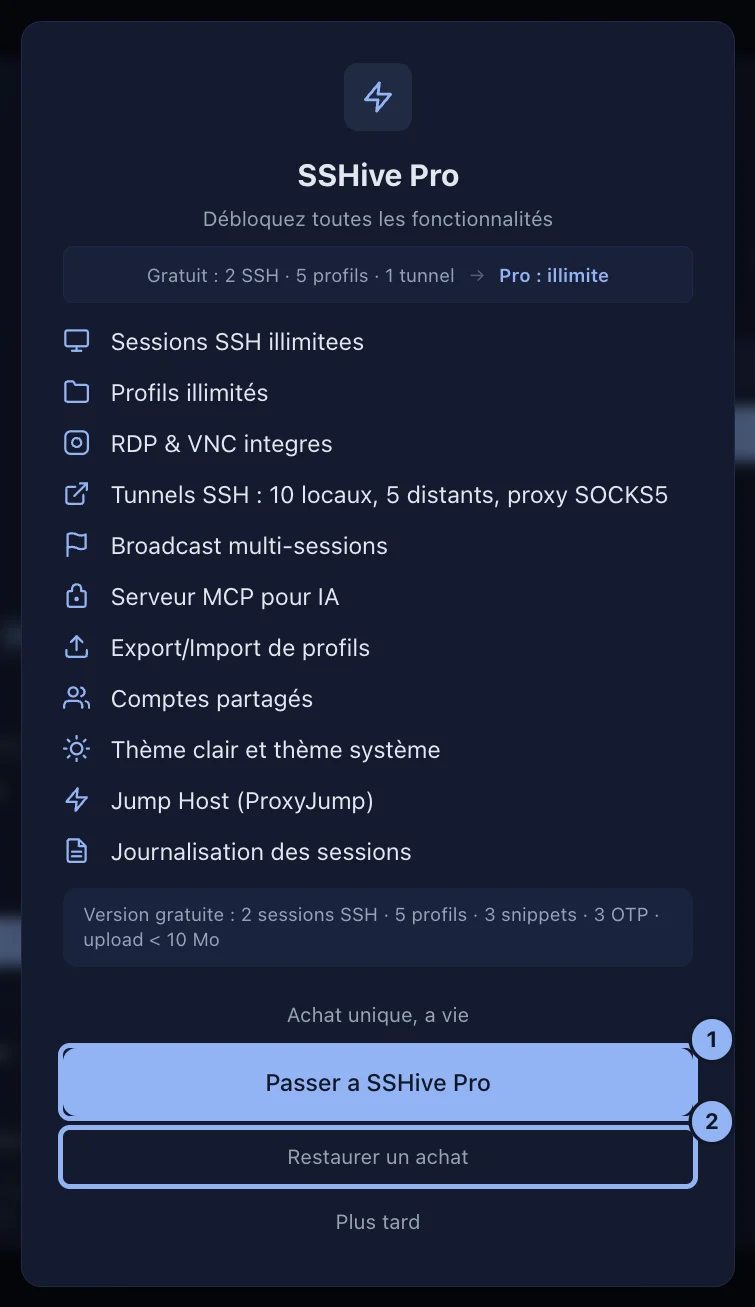 La fenêtre SSHive Pro et la liste de ce qu'elle débloque