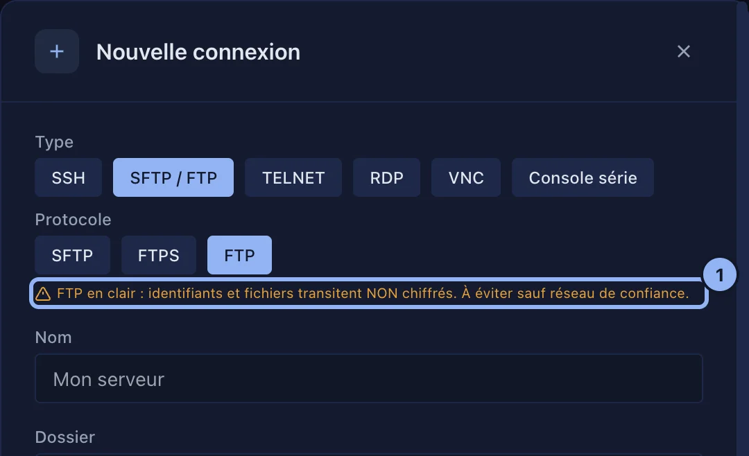L'avertissement pour une connexion FTP non chiffrée