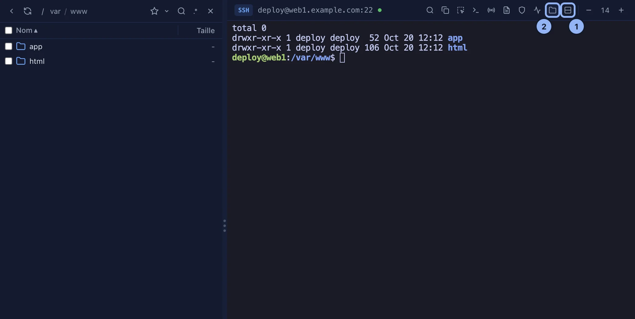 Le panneau SFTP à côté du terminal
