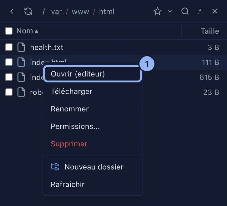 Le menu d'un fichier distant