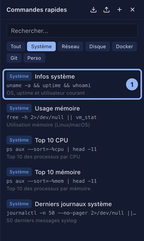 Le panneau des commandes rapides
