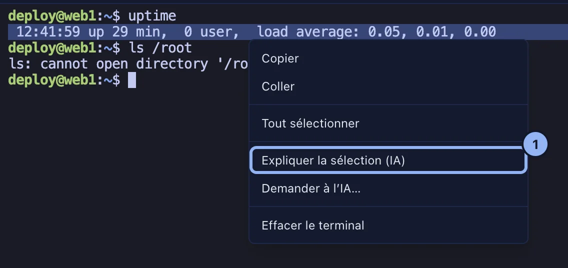 Le menu du terminal